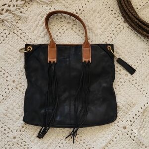 NWT Nino Bossi Black Distressed Leather Fringe Tote Bag Boho Western